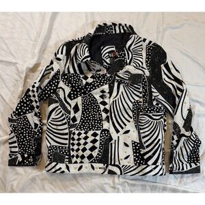 VTG Redd Jeans Jacket Abstract Gold B & W Sequin Printed Bling Button Front SZ 8